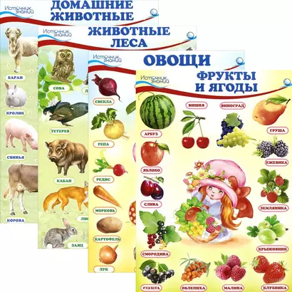 Комплект познавательных мини-плакатов: Домашние животные, животные леса, фрукты и ягоды, овощи - фото 1