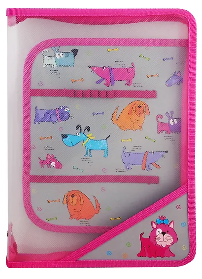Папка для труда А4 "Собачки" пластиковая, молния с 3х сторон, внутр.блок для канц.принадлежностей - фото 1