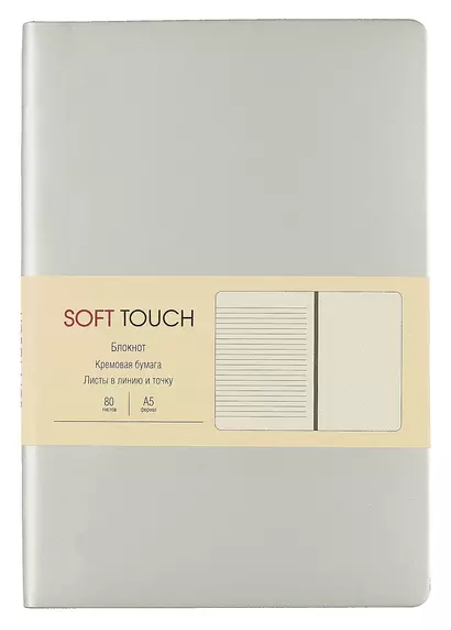 Книга для записей А5 80л "SOFT TOUCH. Серебро" интегр.обл., иск.кожа, офсет 70г/м2, тонир.комбин.блок (в лин., точку, без лин.), скругл.углы, цв.форзацы, цв.торец, ляссе, инд уп. - фото 1