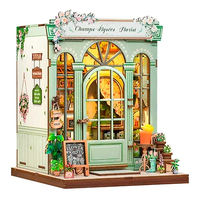 CWGC201 Конструктор интерьерный  – сборный домик CuteBee - Магазин цветов "Елисейские Поля", 199 деталей (материалы: дерево, картон, пластик, металл), со световыми эффектами (подсветка интерьера), с питанием от 2хААА батареек (не включены), серия DIY, воз - фото 10