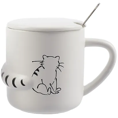 Кружка с крышкой и ложкой Котик с объемным хвостом (керамика) (380мл) (12-08070-HY-1011) - фото 3