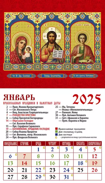 Календарь 2025г 94*167 "Обр. Пр. Б-цы Казанская. Господь Вседержитель. Св. вмч. и целитель Пантелеимон" на магните - фото 1