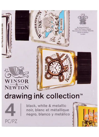 Тушь художественная 4 цв  14мл, черный, белый, золотой, серебряный, к/к, Winsor&Newton - фото 2