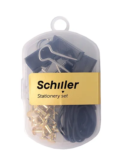 Набор канцелярский: резинки 4г 15 штук, зажимы черные 25 мм 4 штуки, кнопки-гвоздики золотые 15 штук, Schiller - фото 4