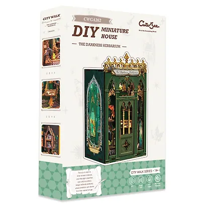 CWGA202 Конструктор интерьерный  – сборный домик CuteBee - Тёмный Гербарий, 98 деталей (материалы: дерево, картон, пластик, металл), со световыми эффектами (подсветка интерьера), с питанием от 2хААА батареек (не включены), серия DIY, возраст 14+ - фото 2