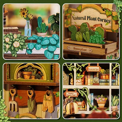 CWGC203 Конструктор интерьерный  – сборный домик CuteBee - Книжный магазин "Зелёная Жизнь", 196 деталей (материалы: дерево, картон, пластик, металл), со световыми эффектами (подсветка интерьера), с питанием от 2хААА батареек (не включены), серия DIY, возр - фото 9