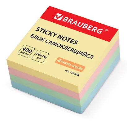 Блок бумаги 76*76мм самоклеящийся 400л 4цв пастель, BRAUBERG - фото 1