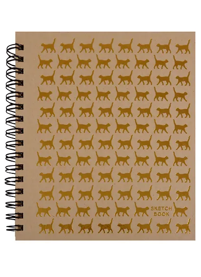 Скетчбук A6+ 130*150 80л "Кошки",крафт бумага, нелинов., 100г/м2, тв.обложка крафт тисн. фольгой под зол., широкая евроспираль, Listoff - фото 1