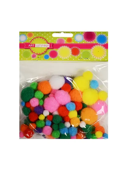 Набор помпонов 8мм-100шт, 15мм*50шт, 25мм-10шт ассорти цветов в блистере - фото 1