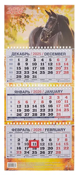 Календарь квартальный 2026г 195*465 "Год Лошади. Вид 3" настенный, трёхблочный, спираль - фото 1