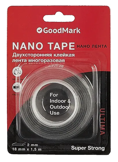 Лента клейкая 18 мм х 1,5 м "Nano tape", двусторонняя, GoodMark - фото 1