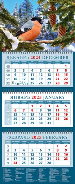 Календарь квартальный 2025г 320*760 "Снегирь" настенный, трёхблочный, спираль - фото 1