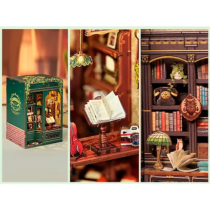 SD02 Конструктор интерьерный  – сборный домик CuteBee - Книжный магазин "Сова", 88 деталей (материалы: дерево, картон, пластик, металл), со световыми эффектами (подсветка интерьера), с питанием от 2хААА батареек (не включены), серия DIY, возраст 14+ - фото 12