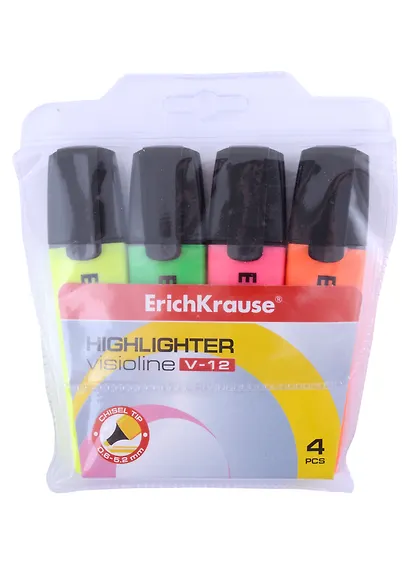 Текстовыделители Erich Krause, Visioline V-12, желтый, розовый, оранжевый, зеленый - фото 1