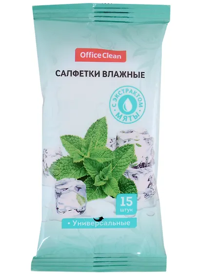 Влажные освежающие салфетки «OfficeClean», 15 шт, с экстрактом мяты, OfficeSpace - фото 1