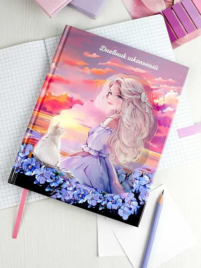 Дневник шк. "Девочка с котом" тв.переплёт, глянц.ламинация, пантон, ляссе, универс.шпаргалка - фото 5