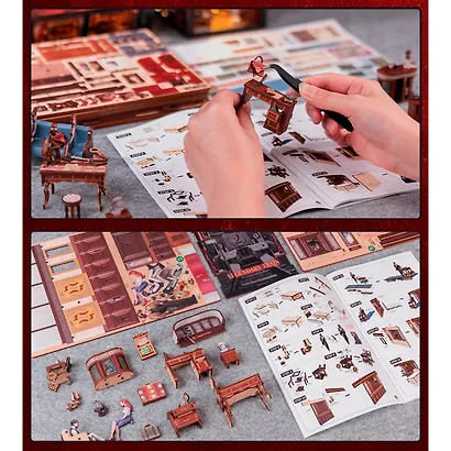 BN01 Конструктор интерьерный  – сборный домик CuteBee - Загадочное Расследование в Поезде, 338 деталей (материалы: дерево, картон, пластик, металл), со световыми эффектами (подсветка интерьера), с питанием от 2хААА батареек (не включены), серия DIY, возра - фото 3