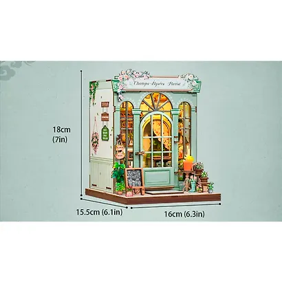 CWGC201 Конструктор интерьерный  – сборный домик CuteBee - Магазин цветов "Елисейские Поля", 199 деталей (материалы: дерево, картон, пластик, металл), со световыми эффектами (подсветка интерьера), с питанием от 2хААА батареек (не включены), серия DIY, воз - фото 12