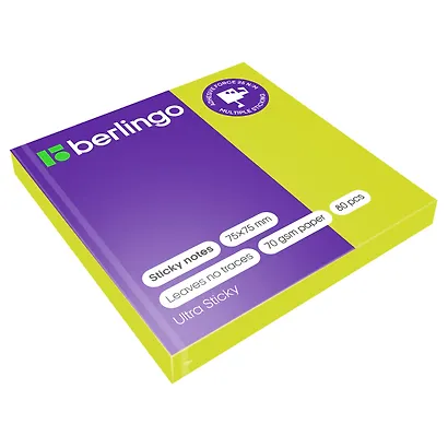Блок бумаги 75*75 самоклеящийся зеленый неон 80 листов, "Ultra Sticky", Berlingo - фото 2