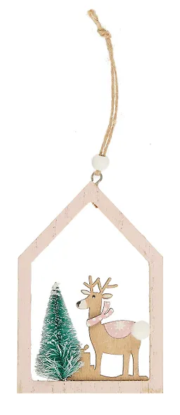 Новогоднее подвесное украшение Олень с елкой в домике (12х8см) (дерево) (12-06942-NY-4) - фото 1