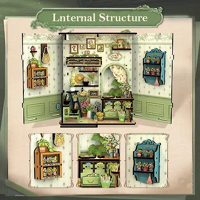 CWGC201 Конструктор интерьерный  – сборный домик CuteBee - Магазин цветов "Елисейские Поля", 199 деталей (материалы: дерево, картон, пластик, металл), со световыми эффектами (подсветка интерьера), с питанием от 2хААА батареек (не включены), серия DIY, воз - фото 5