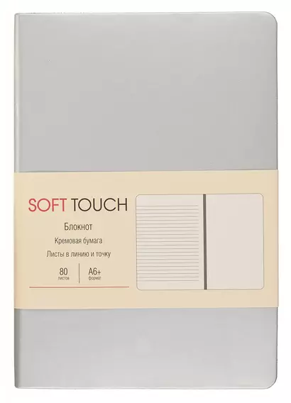 Записная книжка А6+ 80л "SOFT TOUCH. Серебро" интегр.обл., иск.кожа, офсет 70г/м2, тонир,комбин.блок (в лин., точку, без лин.), скругл.углы, цв.форзацы, цв.торец, ляссе, инд.уп. - фото 1