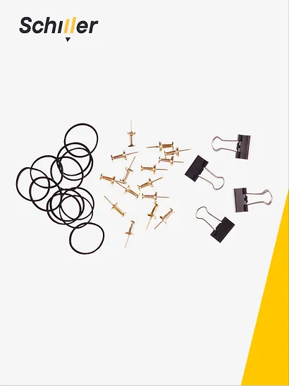 Набор канцелярский: резинки 4г 15 штук, зажимы черные 25 мм 4 штуки, кнопки-гвоздики золотые 15 штук, Schiller - фото 3