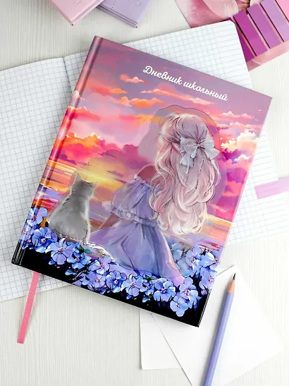 Дневник шк. "Девочка с котом" тв.переплёт, глянц.ламинация, пантон, ляссе, универс.шпаргалка - фото 6