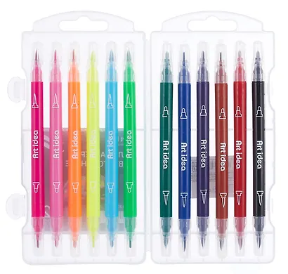 Фломастеры 12 цветов, двухсторонние, пулевидный/кисть, Art idea - фото 1