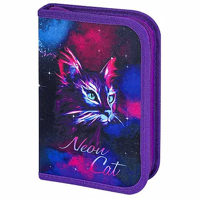 Пенал 1 отделение "Neon cat" с наполнением, 21*14 см, 24 предмета - фото 1