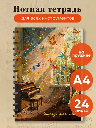 Тетрадь для нот. Комната с бабочками (24 л., А4, вертикальная, навивка) - фото 3