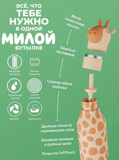Бутылка для холодных и горячих напитков Asobu Bestie Жираф (460 мл) (69763) - фото 5