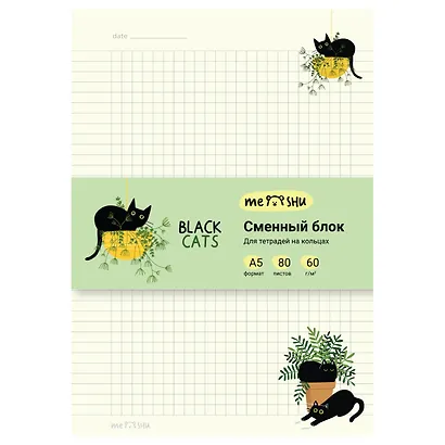 Сменный блок для тетрадей «Black Cats» 80 листов в клетку, А5, MESHU - фото 1