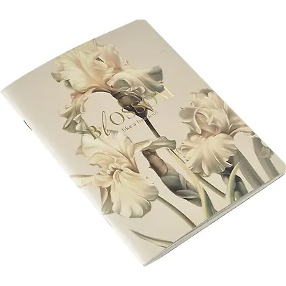 Тетрадь А5 40 листов в клетку "Blossom", ирисы, светлый, карт.обл., микротекстурирование, ламинация, тиснение золотой фольгой, скрепка - фото 2