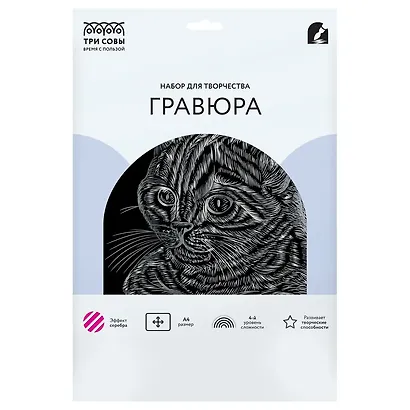 Гравюра с эффектом серебра Три Совы "Полосатый кот", А4 - фото 1