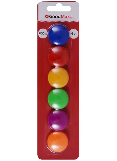 Магниты 06шт 30мм цветные, блистер, HighHope - фото 1