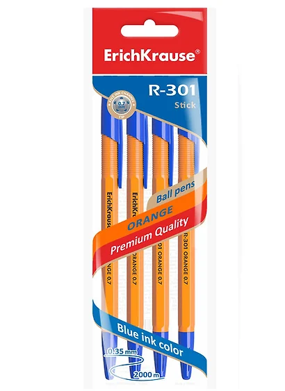 Ручки шариковые Erich Krause, R-301 Orange Stick, синие 0,7 мм 4 штуки - фото 1