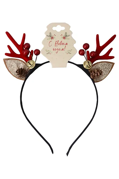 Ободок новогодний Рожки олененка с ушками и бубенчиками (текстиль) (12-6142-HNY13) - фото 1