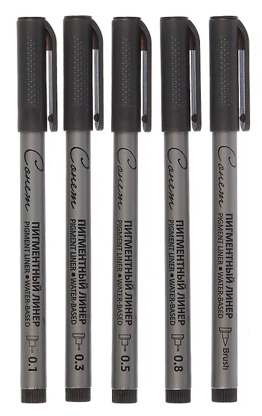 Линеры пигментные 05шт "Сонет" чёрные, 0,1/0,3/0,5/0,8/кисть, Сонет - фото 1