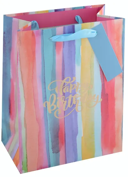 Пакет А5 18*23*10 "Happy birthday!" нейтр., бум., тиснение золот.фольгой, тег - фото 2