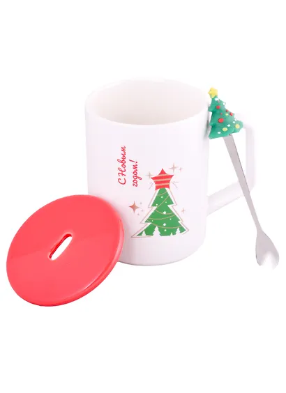 Кружка с крышкой и ложкой С Новым годом (керамика) (380 мл) - фото 2