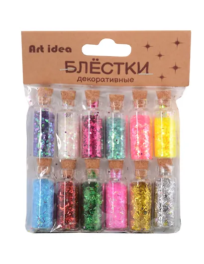 Набор Глиттер в стеклянных бутылках с пробками (ГЛ) (11098500) (12шт) круглые блестки и полоски - фото 1