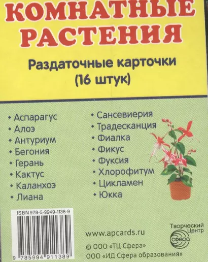 Дем. картинки СУПЕР Комнатные растения.16 раздаточных карточек с текстом (63х87мм) - фото 1