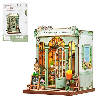 CWGC201 Конструктор интерьерный  – сборный домик CuteBee - Магазин цветов "Елисейские Поля", 199 деталей (материалы: дерево, картон, пластик, металл), со световыми эффектами (подсветка интерьера), с питанием от 2хААА батареек (не включены), серия DIY, воз - фото 1