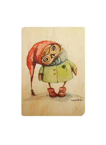 Открытка деревянная Совушка в шляпе (Инга Пальцер) - фото 1