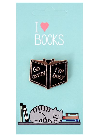 Значок «I love books. Котик с книгой. Go Away I'm Busy», металл - фото 1