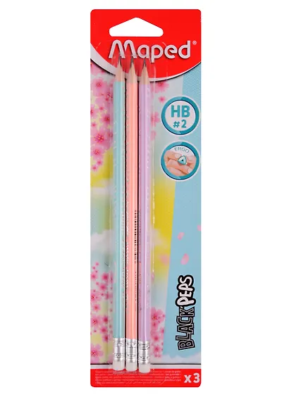 Карандаши чернографитные с ластиком «Pastel», Maped, HB, 3 штуки - фото 1