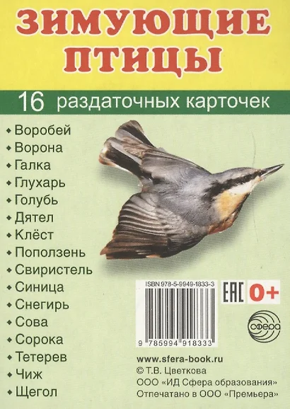 Зимующие птицы. 16 раздаточных карточек с текстом на русском и английском языках - фото 1