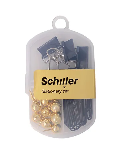 Набор канцелярский: зажимы черные 19 мм 5 штук, скрепки черные 28 мм 20 штук, кнопки-гвоздики золотые 15 штук, Schiller - фото 4