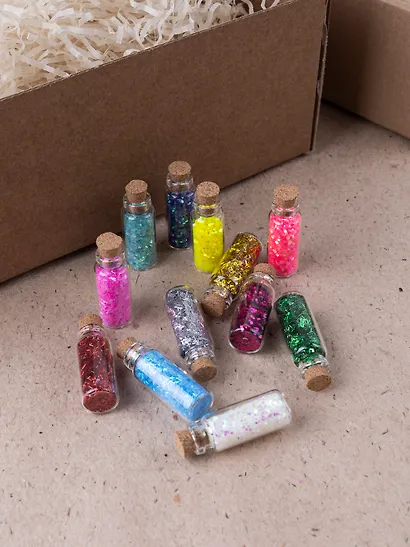 Набор Глиттер в стеклянных бутылках с пробками (ГЛ) (11098500) (12шт) круглые блестки и полоски - фото 6